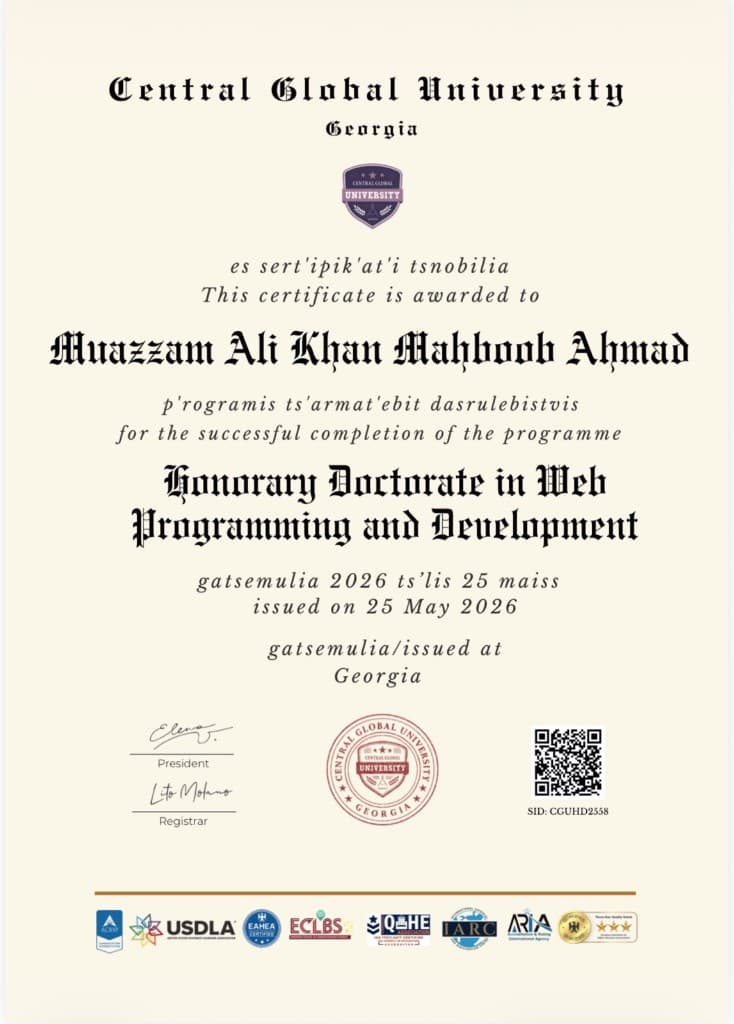 Honorary Doctorate in Web Programming and Development certificate from Central Global University
