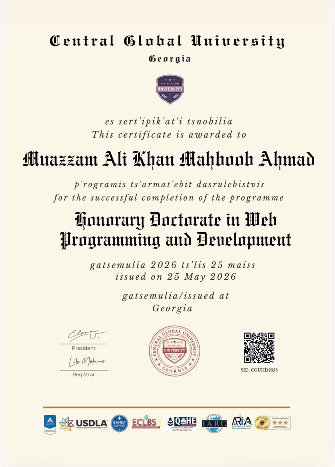 Honorary Doctorate in Web Programming and Development certificate from Central Global University